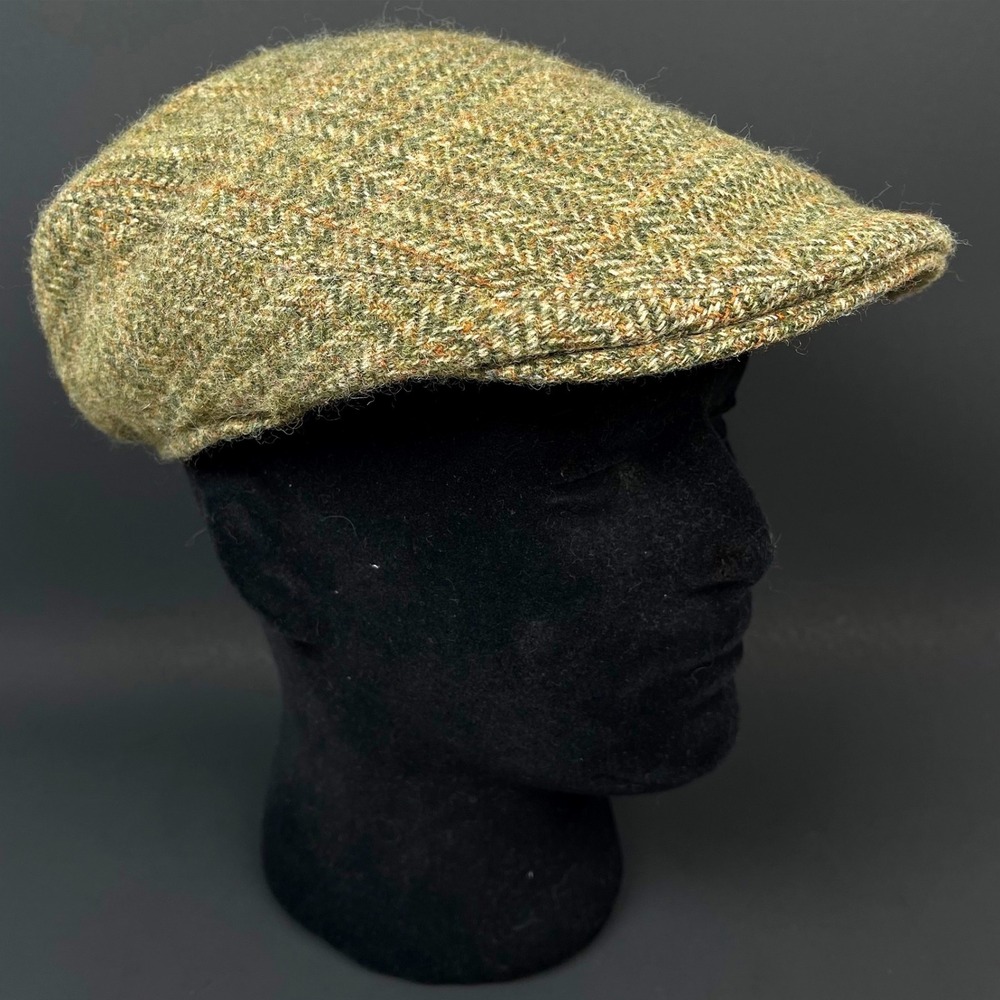 Vintage Hanna Hats Donegal Tweed Flat Cap Men M Green Herringbone Wool Ireland
